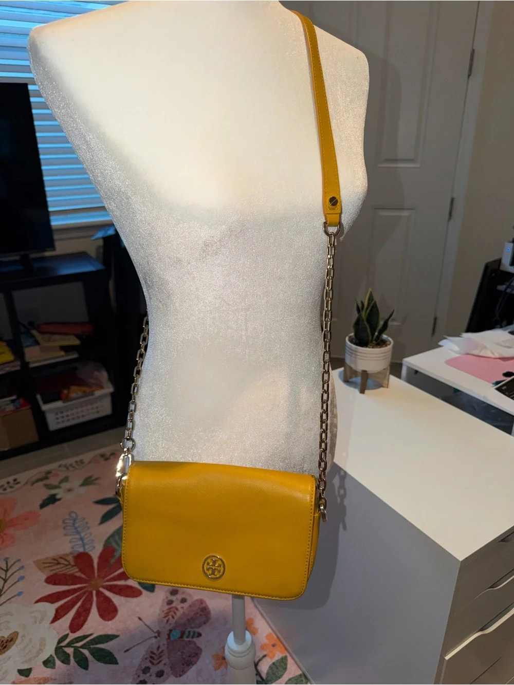 Tory Burch Mustard Yellow Leather Chain Strap Crossbody